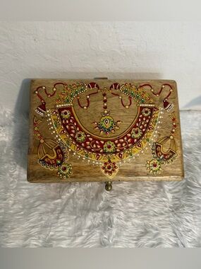 Hand-Painted Wooden Jewelry Organizer Box in Natural Wood and Red